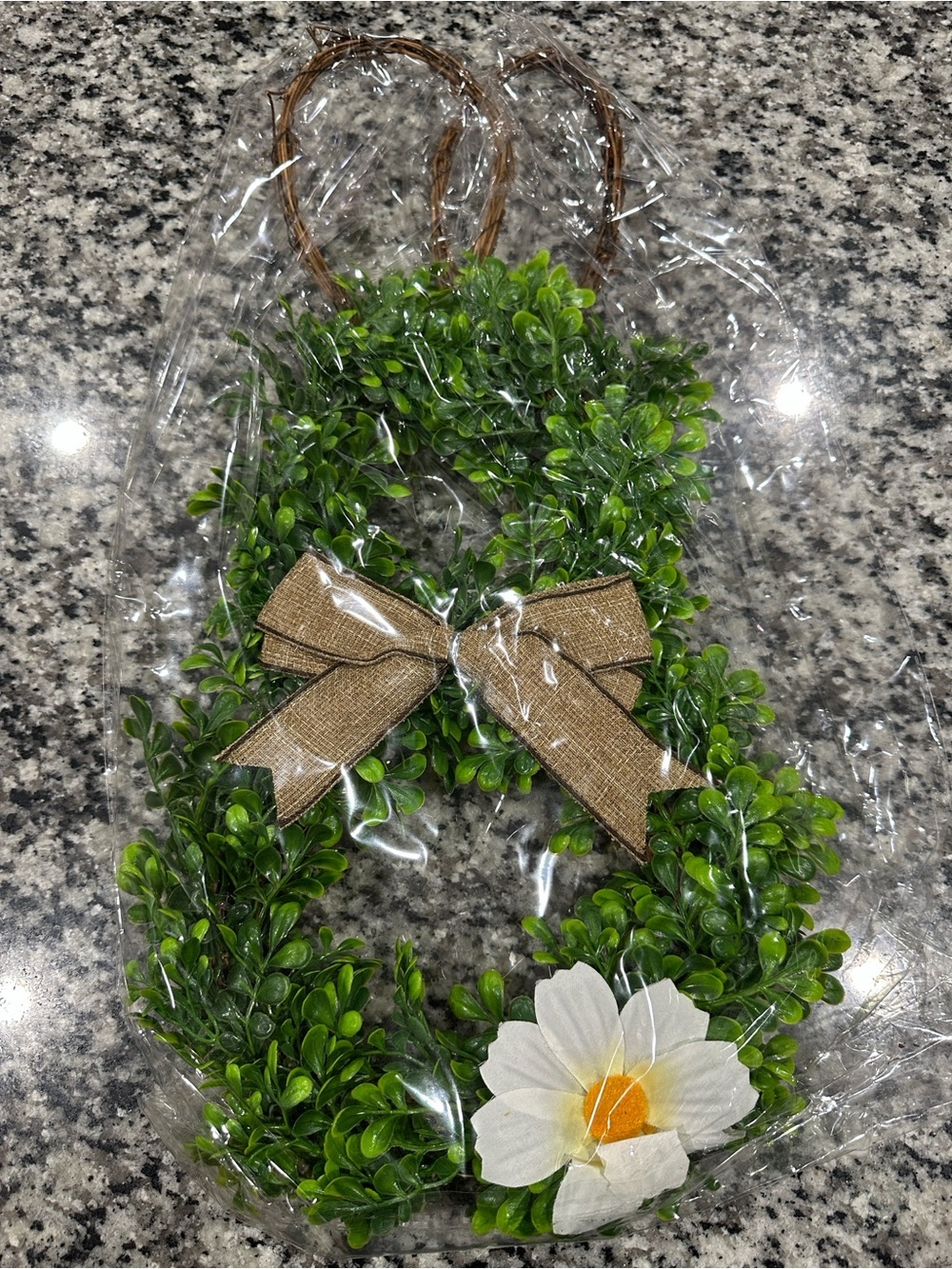 New In Bag Boxwood Bunny Wreath with Burlap Bow and White Daisy-Set of 3